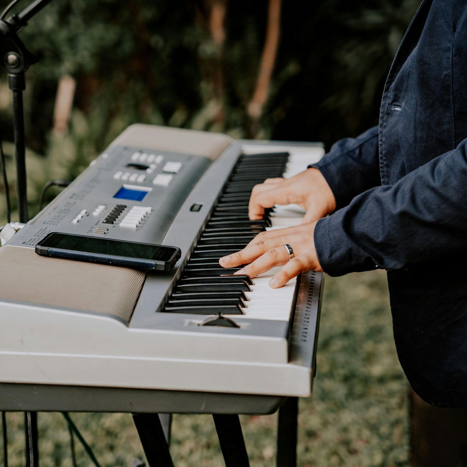 Person playing a keyboard outdoor vineyard